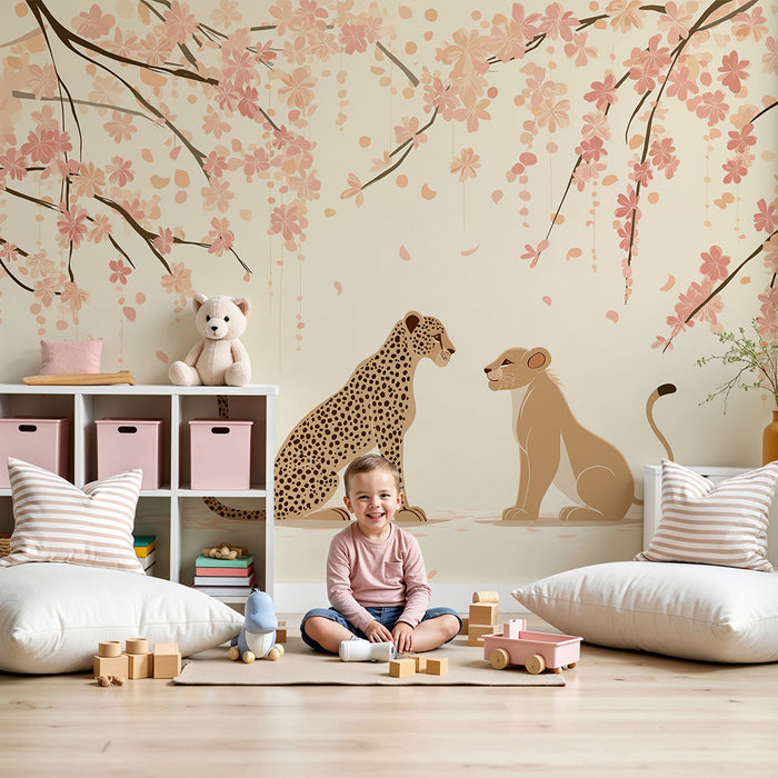 Papel de parede criança | Leopardo e leoa sob as flores de cerejeira