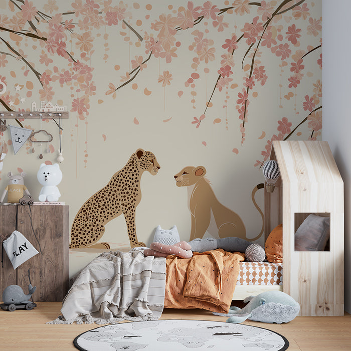 Papel de parede criança | Leopardo e leoa sob as flores de cerejeira