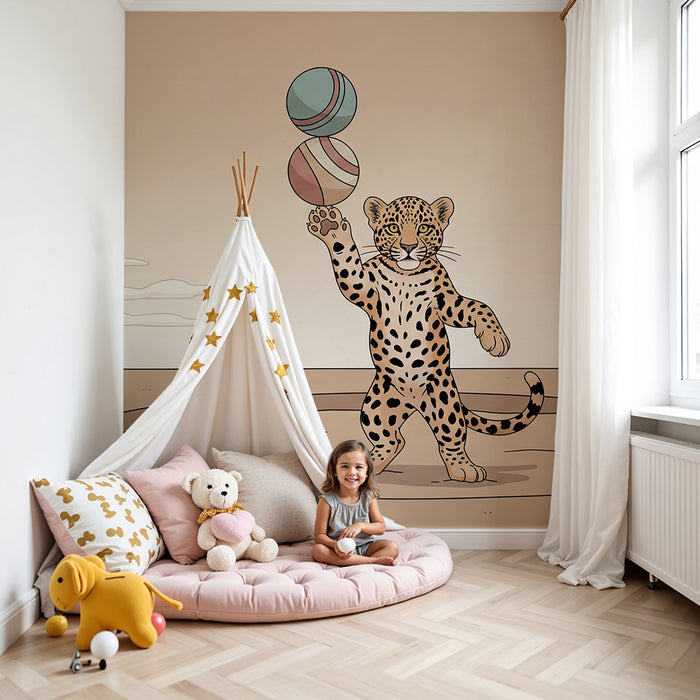 Tapety dla dzieci | Grający leopard z kolorowymi balonami