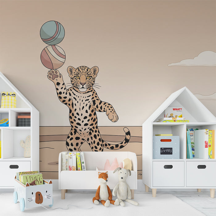 Tapety dla dzieci | Grający leopard z kolorowymi balonami