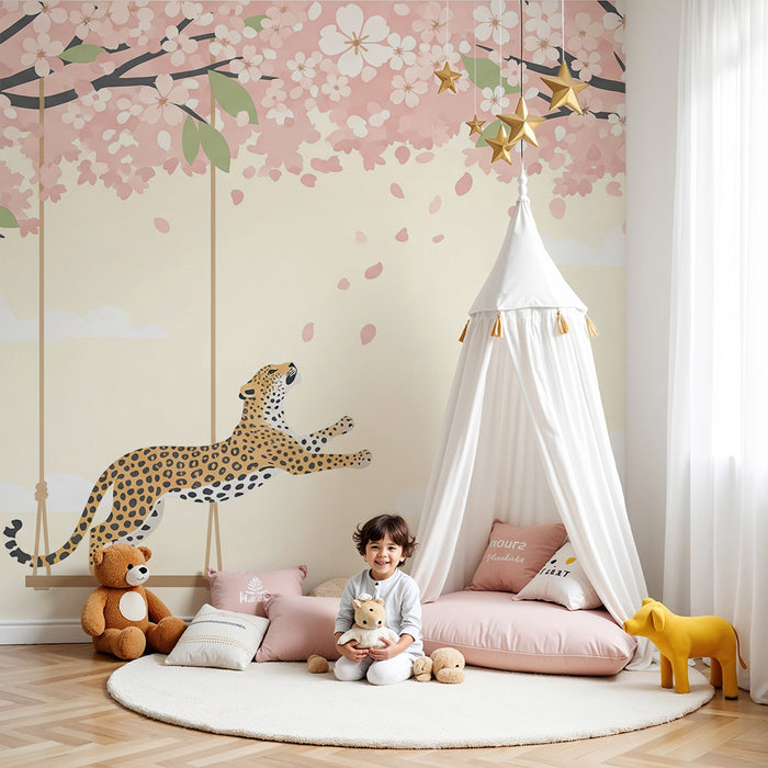 Kinderzimmer Tapete | Leopard spielt unter blühenden Kirschbäumen