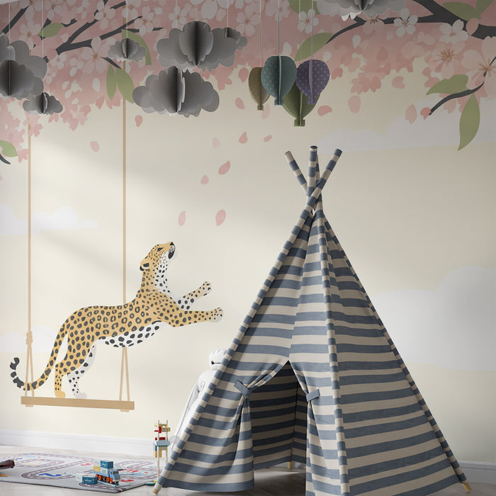 Kinderzimmer Tapete | Leopard spielt unter blühenden Kirschbäumen