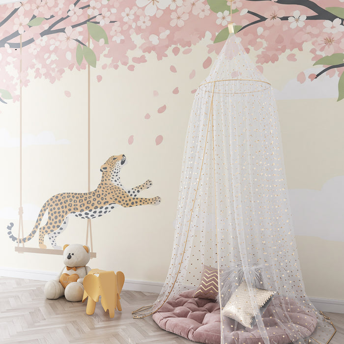 Kinderzimmer Tapete | Leopard spielt unter blühenden Kirschbäumen