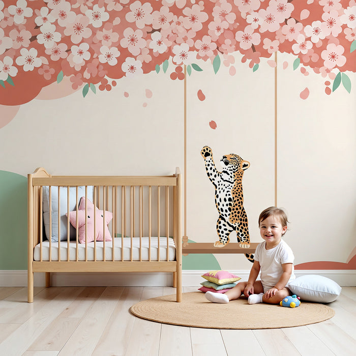 Kinderzimmer Tapete | Leopard spielt unter einer blühenden Kirschblüte