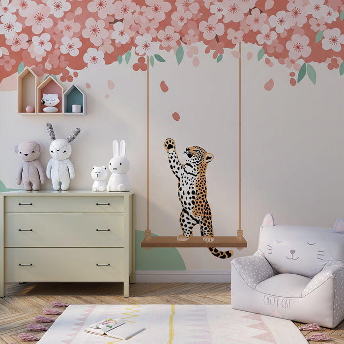Kinderzimmer Tapete | Leopard spielt unter einer blühenden Kirschblüte