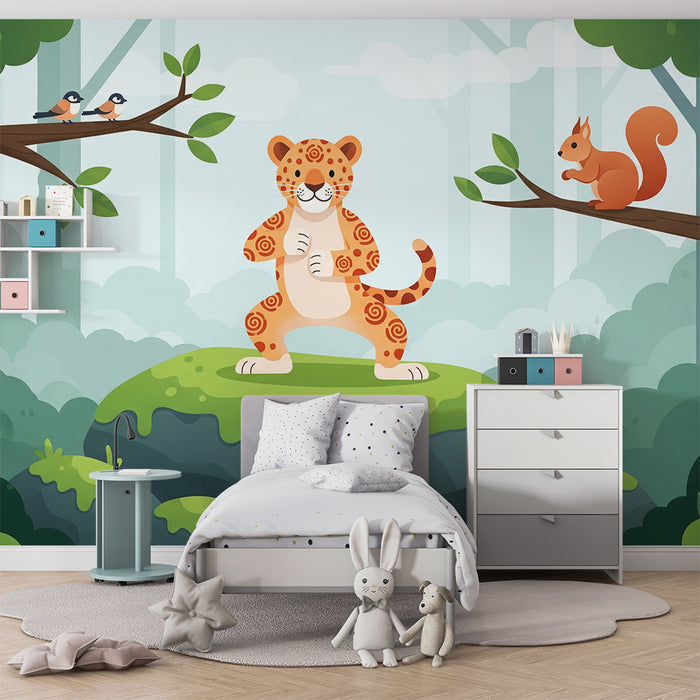 Ozadje za otroško sobo | Veseli leopard v začarani goščavi