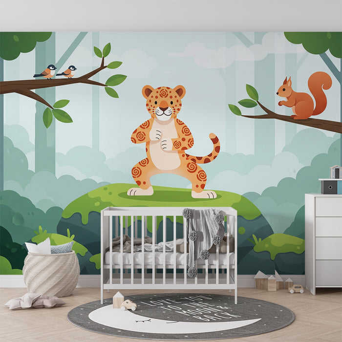 Ozadje za otroško sobo | Veseli leopard v začarani goščavi