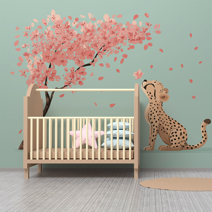 Tapet barnerom | Glade leoparder under et blomstrende kirsebærtre
