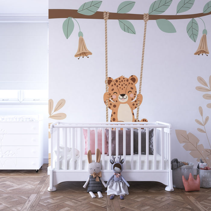 Papel pintado infantil | Leopardo feliz en un columpio