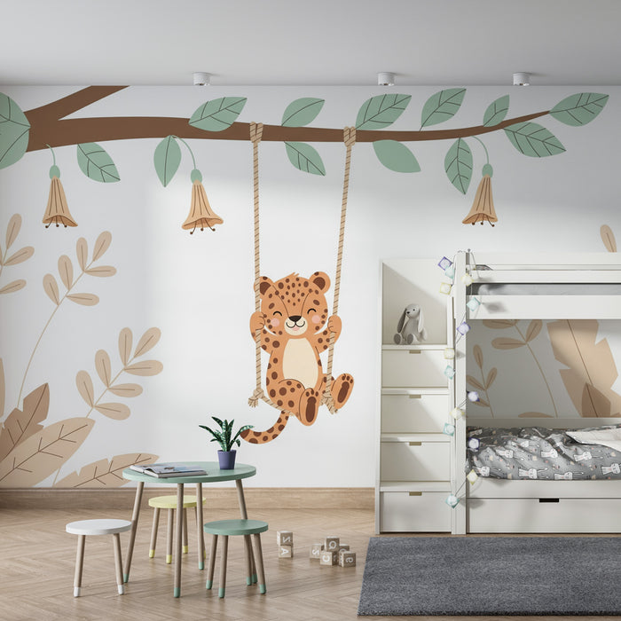 Papel pintado infantil | Leopardo feliz en un columpio