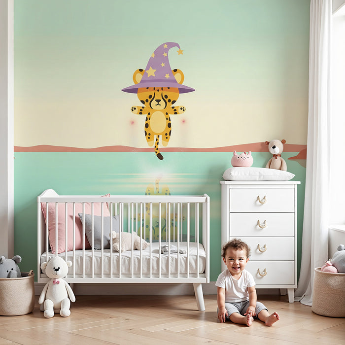 Papier peint chambre enfant | Léopard magique flottant au-dessus d'un lac paisible