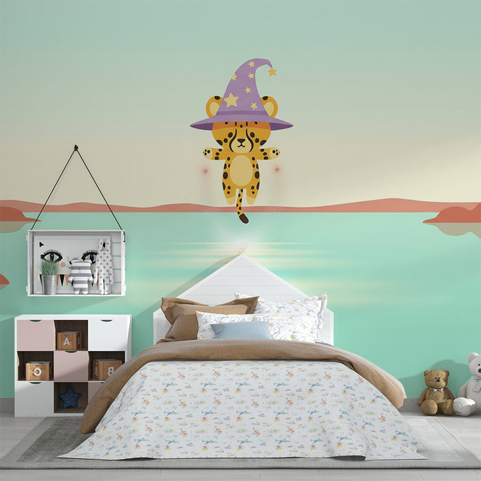 Papier peint chambre enfant | Léopard magique flottant au-dessus d'un lac paisible