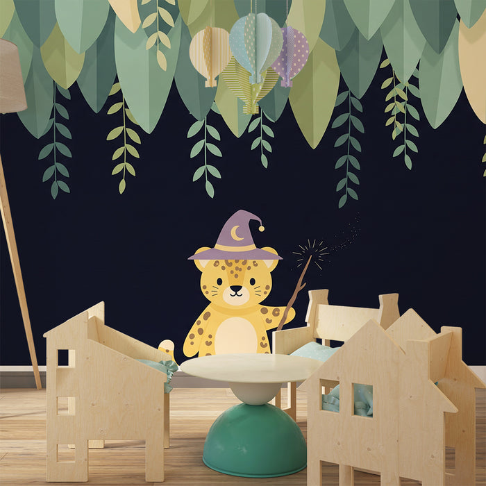 Papier peint chambre enfant | Léopard magique sous un feuillage enchanteur