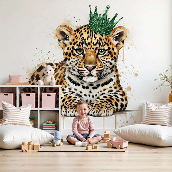 Barnrumspapper | Majestätisk leopard med grön krona