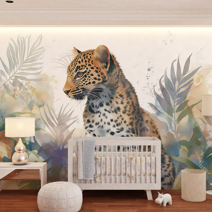 Kinderzimmer Tapete | Majestätischer Leopard im bunten Dschungel