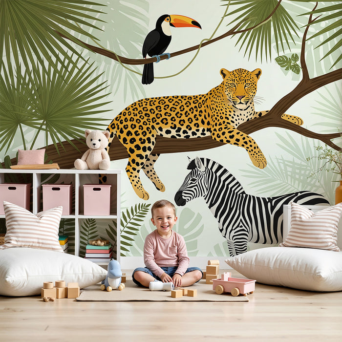 Papier peint chambre enfant | Léopard majestueux et faune colorée dans la jungle