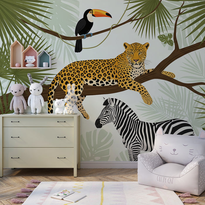 Papier peint chambre enfant | Léopard majestueux et faune colorée dans la jungle