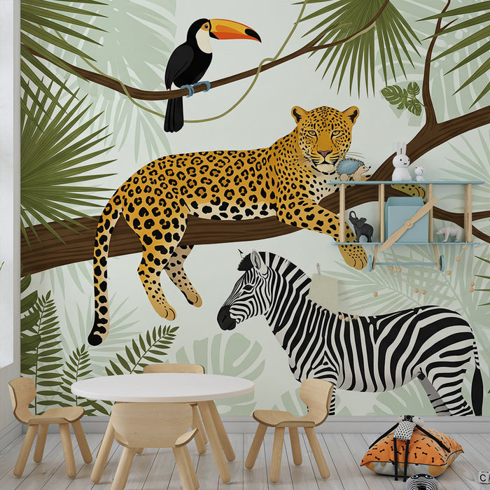 Papier peint chambre enfant | Léopard majestueux et faune colorée dans la jungle