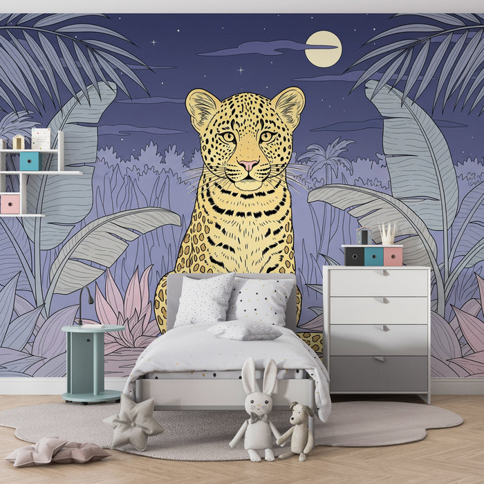 Carta da parati bambini | Leopardo maestoso sotto la luna