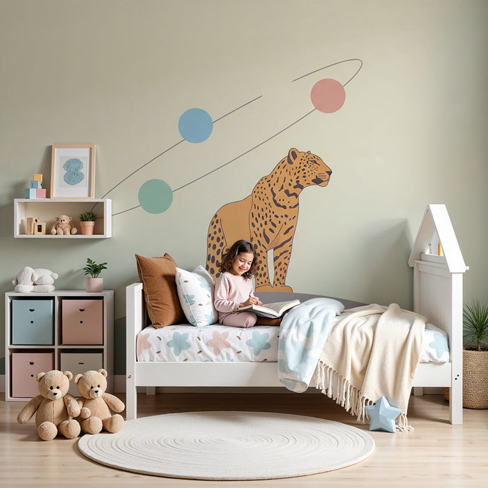 Papel de parede criança | Leopardo majestoso em fundo pastel com elementos cósmicos
