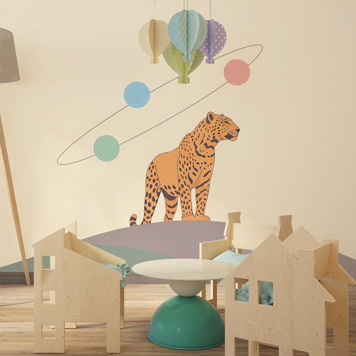 Papel de parede criança | Leopardo majestoso em fundo pastel com elementos cósmicos