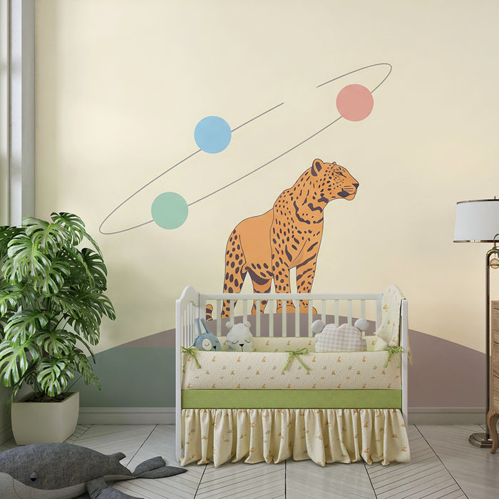 Papel de parede criança | Leopardo majestoso em fundo pastel com elementos cósmicos