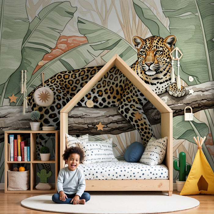 Kinderkamer behang | Majestueuze luipaard op tak in de jungle