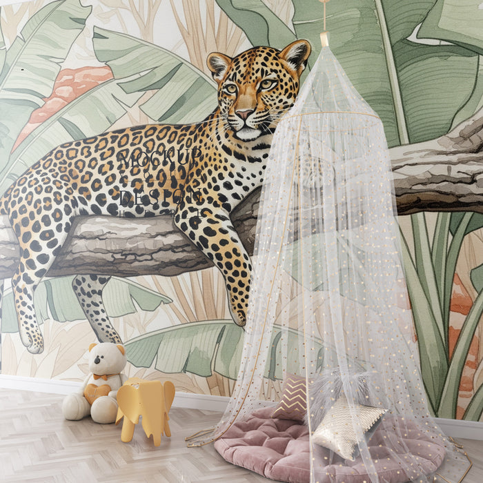 Kinderkamer behang | Majestueuze luipaard op tak in de jungle