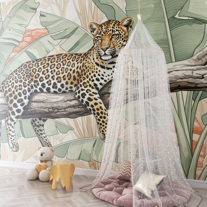 Kinderkamer behang | Majestueuze luipaard op tak in de jungle