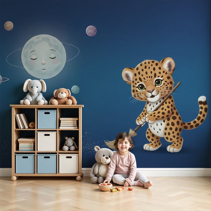 Papel de parede criança | Leopardo fofo no espaço com a lua e planetas coloridos