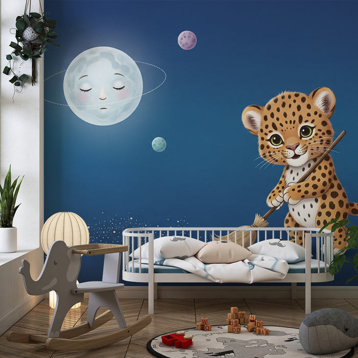 Papel de parede criança | Leopardo fofo no espaço com a lua e planetas coloridos