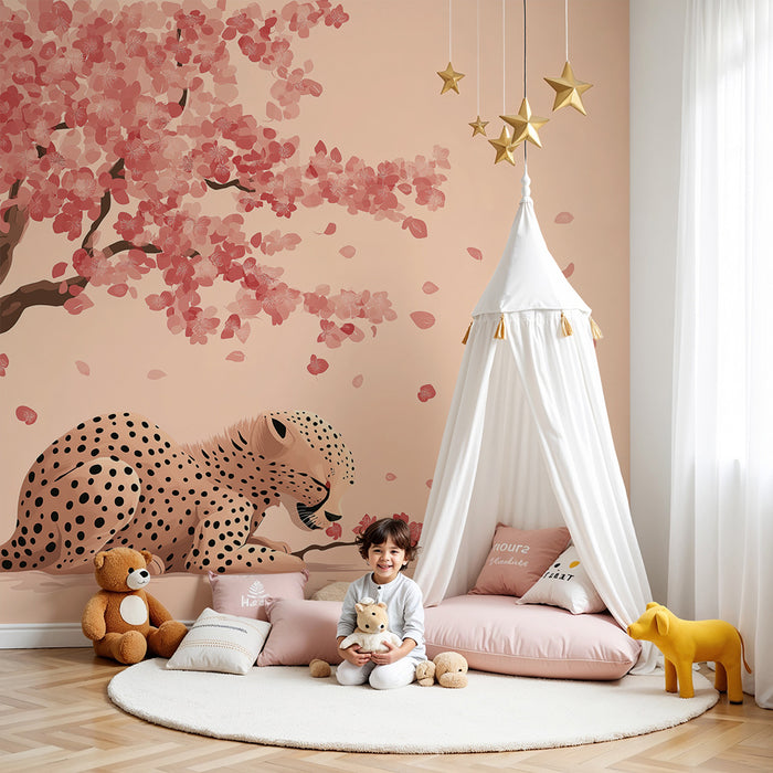 Kinderzimmer Tapete | Niedlicher Leopard unter blühender Kirschblüte