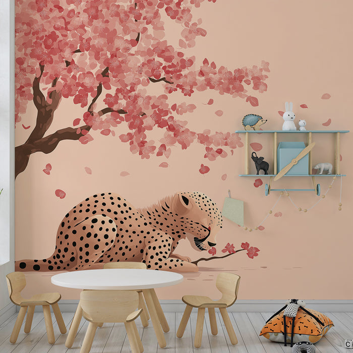 Kinderzimmer Tapete | Niedlicher Leopard unter blühender Kirschblüte