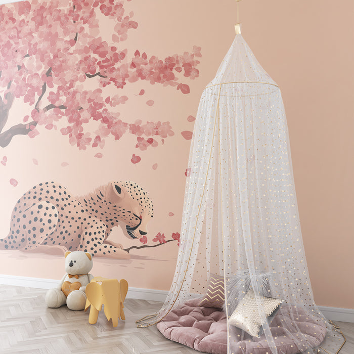 Kinderzimmer Tapete | Niedlicher Leopard unter blühender Kirschblüte