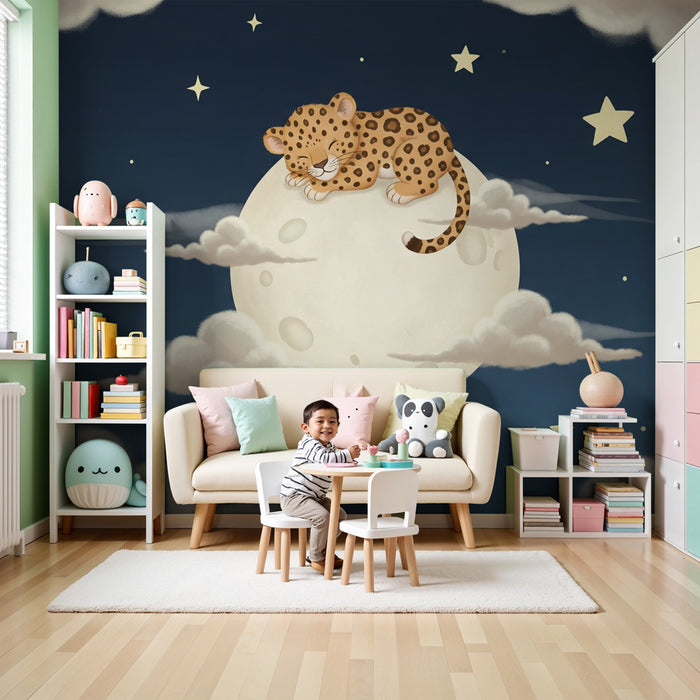 Papel pintado infantil | Lindo leopardo en la luna