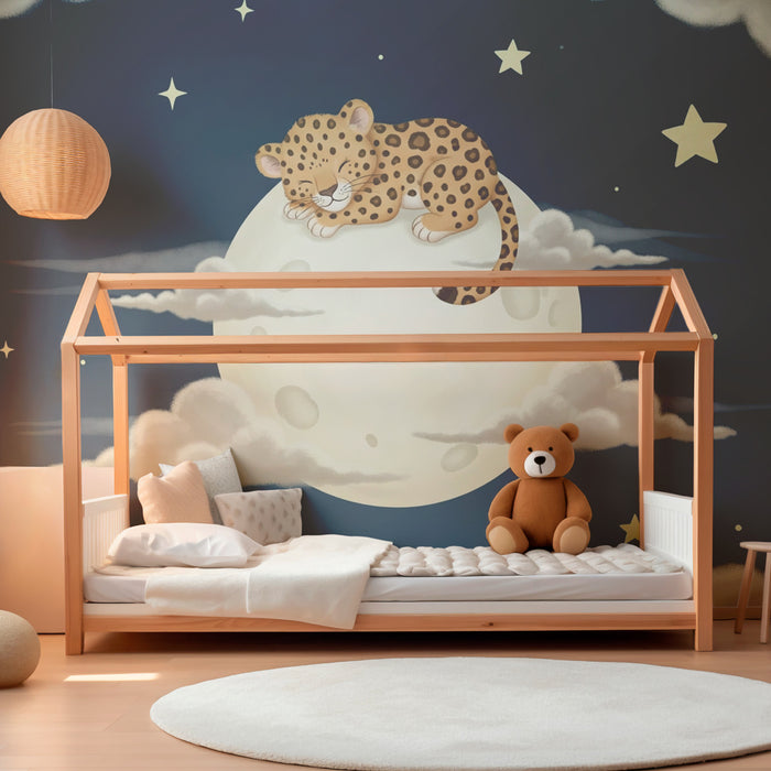 Papel pintado infantil | Lindo leopardo en la luna
