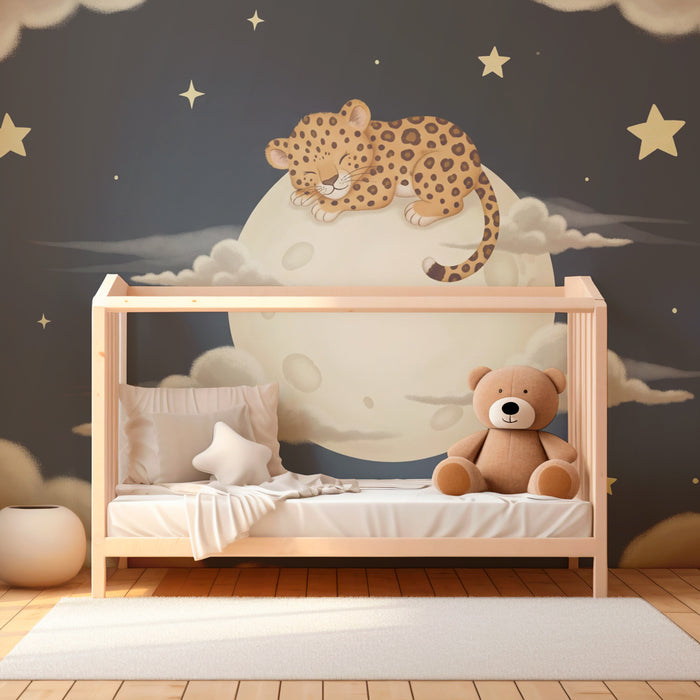 Papel pintado infantil | Lindo leopardo en la luna