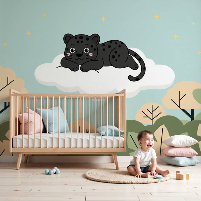 Kinderkamer behang | Schattige luipaard op een wolk