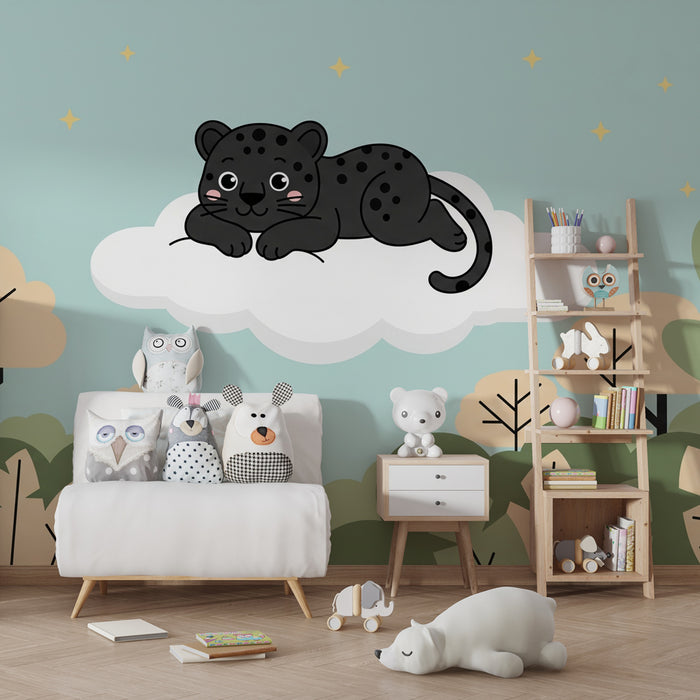 Kinderkamer behang | Schattige luipaard op een wolk