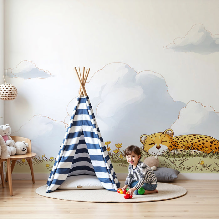 Papier peint chambre enfant | Léopard paisible au milieu des fleurs jaunes