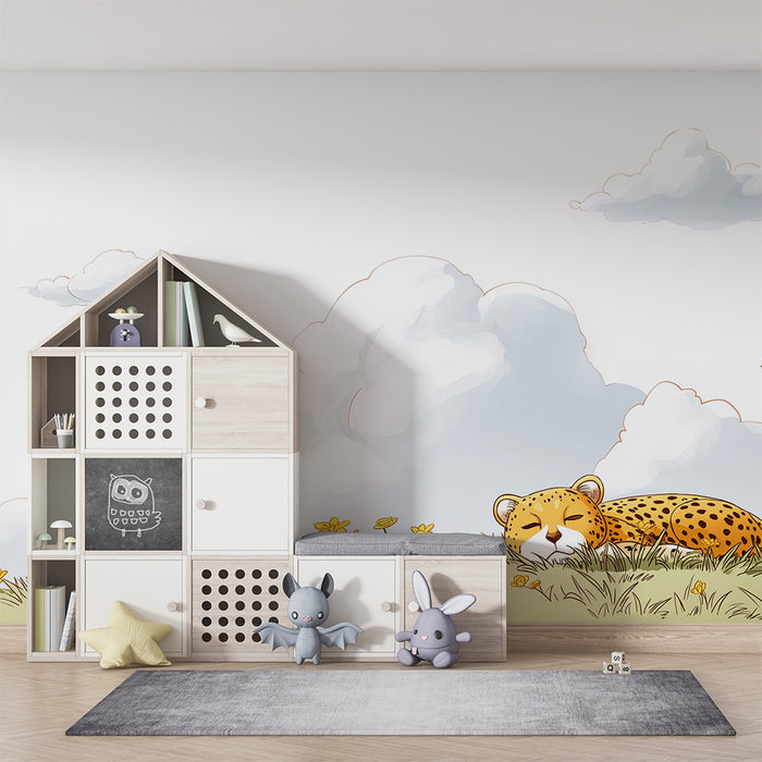 Papier peint chambre enfant | Léopard paisible au milieu des fleurs jaunes