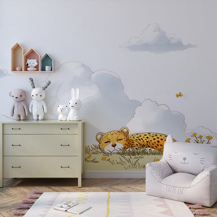 Papier peint chambre enfant | Léopard paisible au milieu des fleurs jaunes