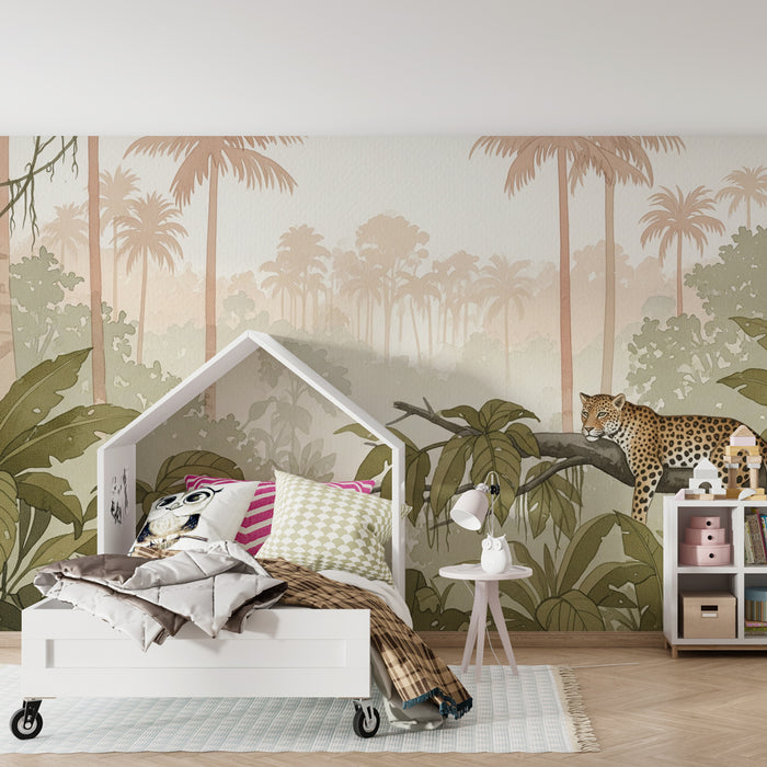 Kids room wallpaper | Peaceful leopard in a lush jungle
