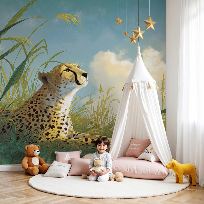 Papier peint chambre enfant | Léopard paisible dans une savane verdoyante