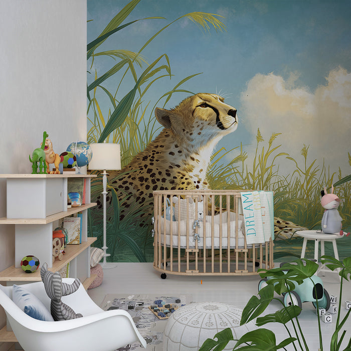 Papier peint chambre enfant | Léopard paisible dans une savane verdoyante