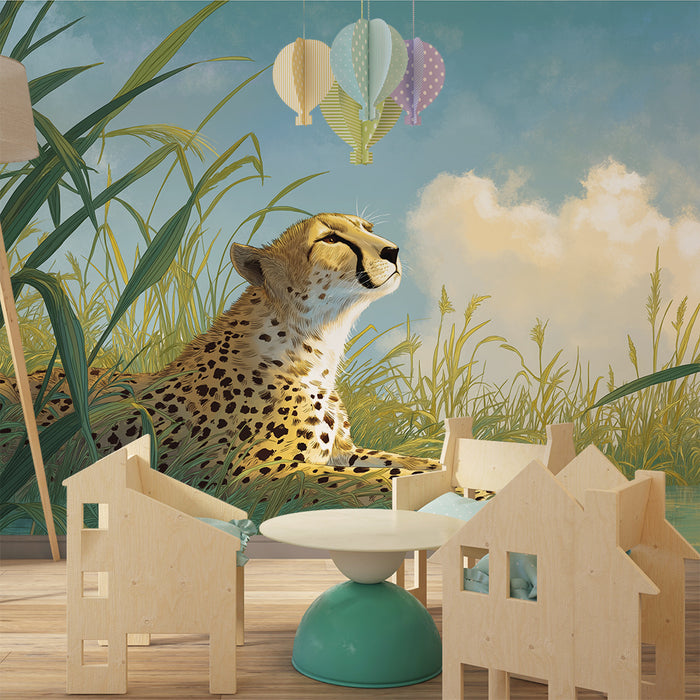 Papier peint chambre enfant | Léopard paisible dans une savane verdoyante