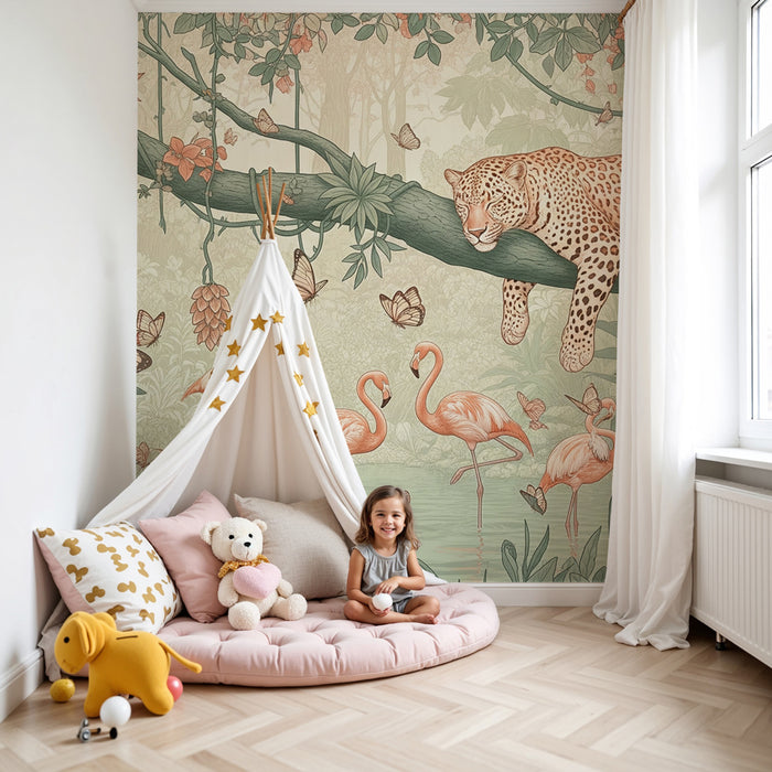 Papier peint chambre enfant | Léopard paisible et flamants dans la jungle