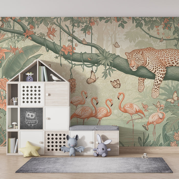 Papier peint chambre enfant | Léopard paisible et flamants dans la jungle