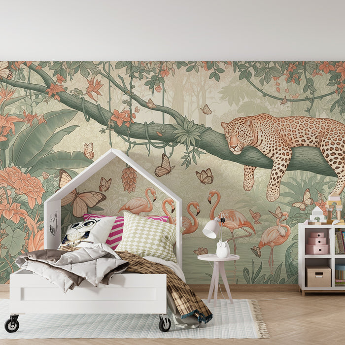 Papier peint chambre enfant | Léopard paisible et flamants dans la jungle