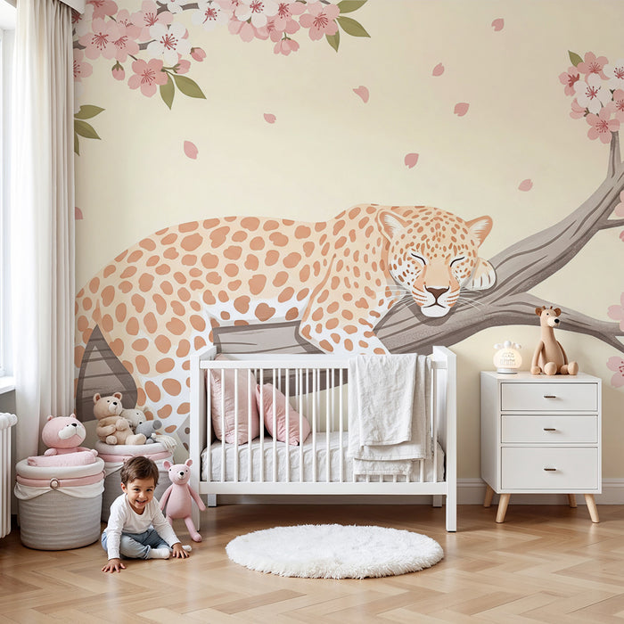 Carta da parati bambini | Leopardo tranquillo sotto i ciliegi in fiore